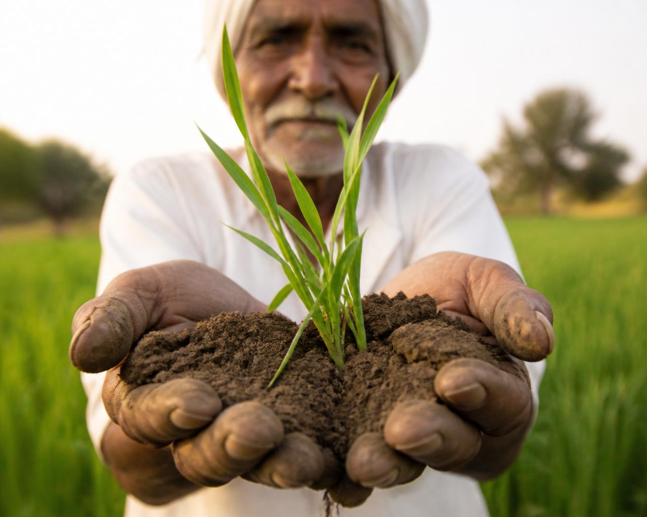 Farmer holding soil and a seedling